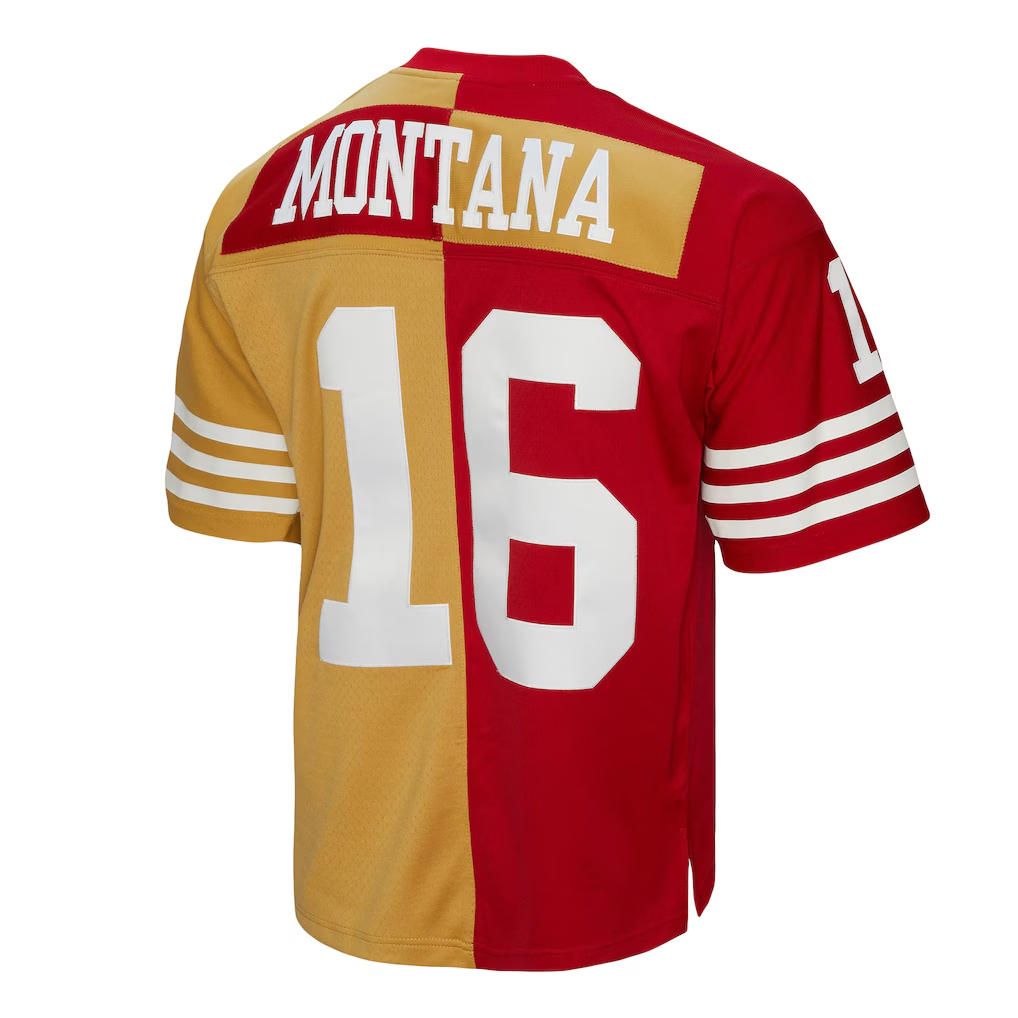 Punc SF.49ers #16 Joe Montana Mitchell & Ness ScarletGold 1990 Split Legacy Replica Jersey