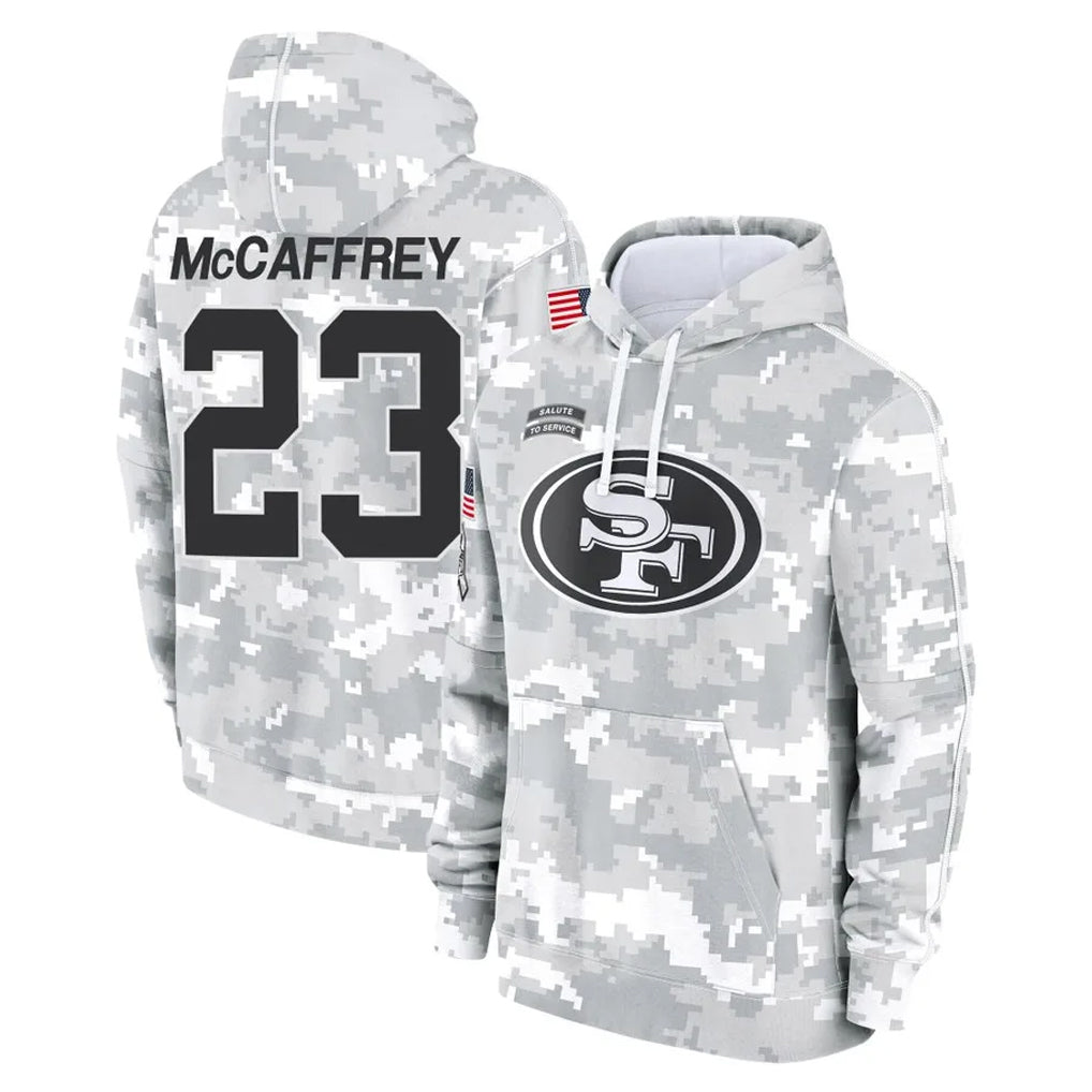Punc SF.49ers #23 Christian McCaffrey Player Arctic Camo Limited Salute to Service Pullover Hoodies Game Stitched Jerseys