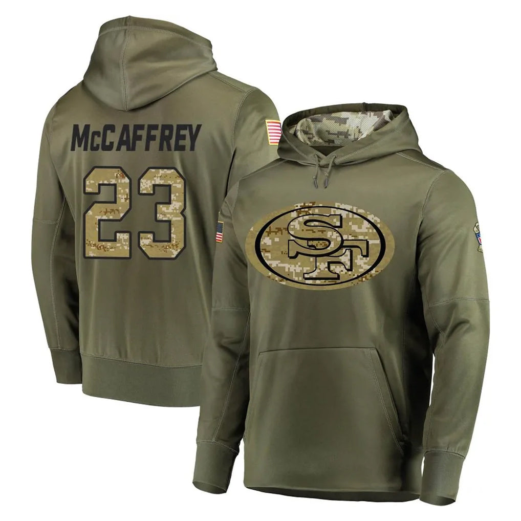 Punc SF.49ers #23 Christian McCaffrey Player Olive Salute to Service Pullover Hoodie Home Game Stitched Jerseys