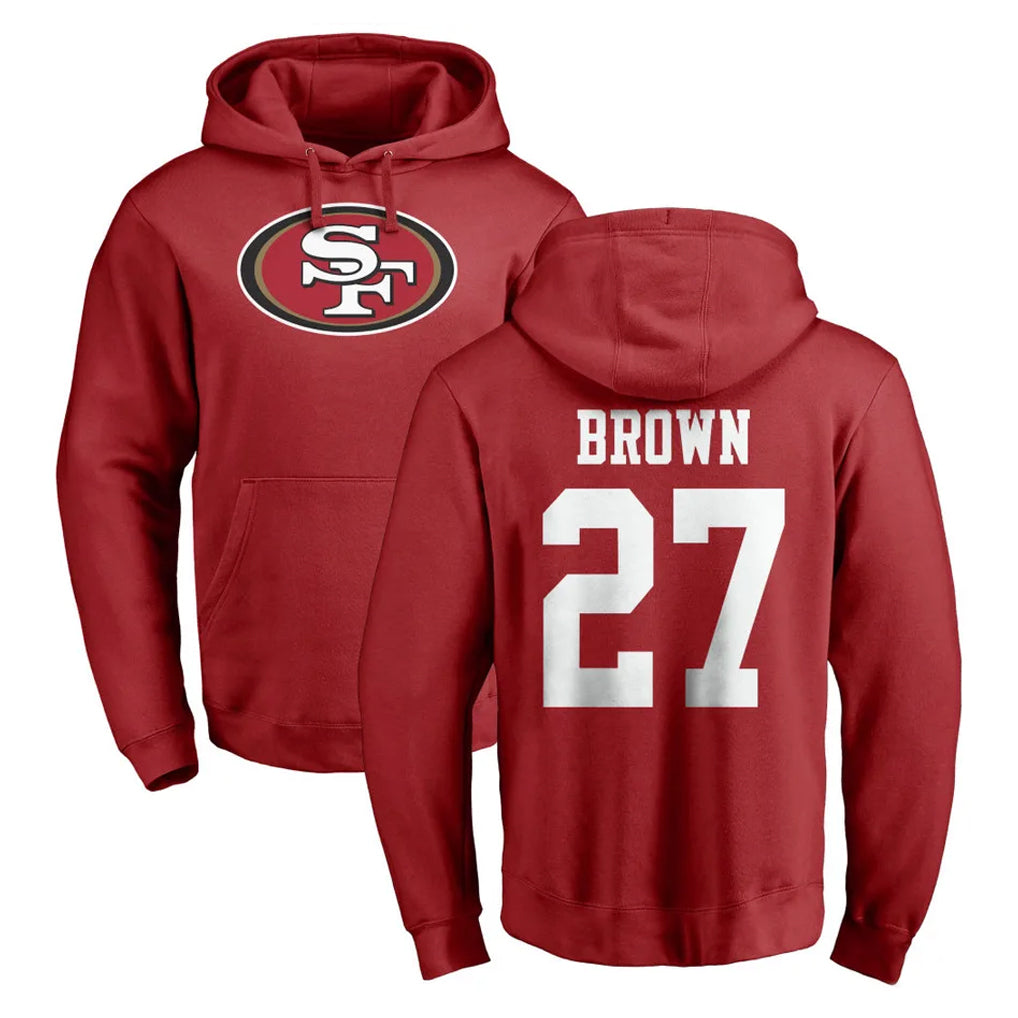 Punc SF.49ers #27 Ji'Ayir Brown Player Red LOGO Pullover Hoodies Home Game Stitched Jerseys