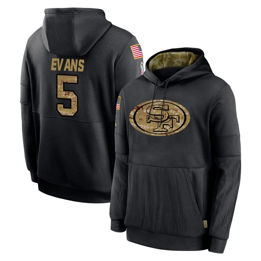 Punc SF.49ers #5 Mike Evans Player Black Salute to Service Sideline Performance Pullover Hoodies Home Game Stitched Jerseys