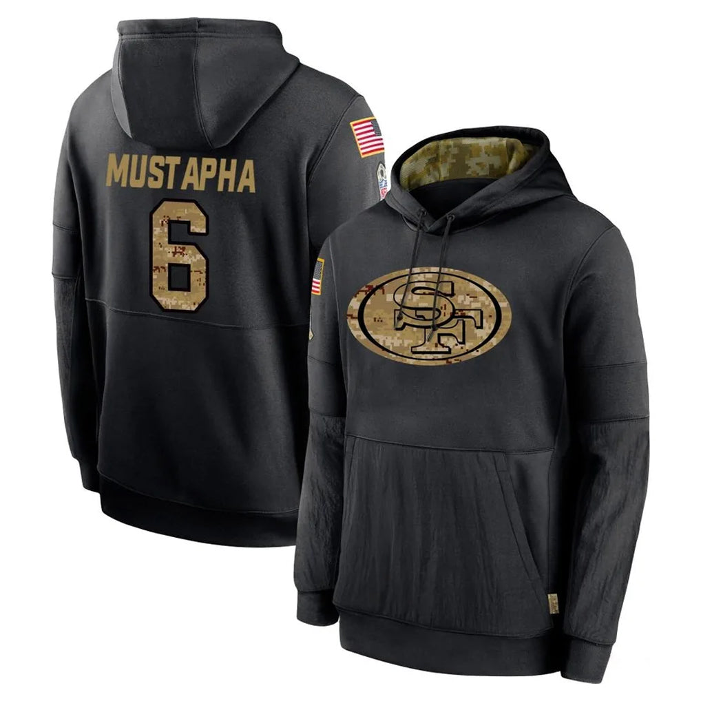 Punc SF.49ers #6 Malik Mustapha Player Black Salute to Service Sideline Performance Pullover Hoodies Home Game Stitched Jerseys