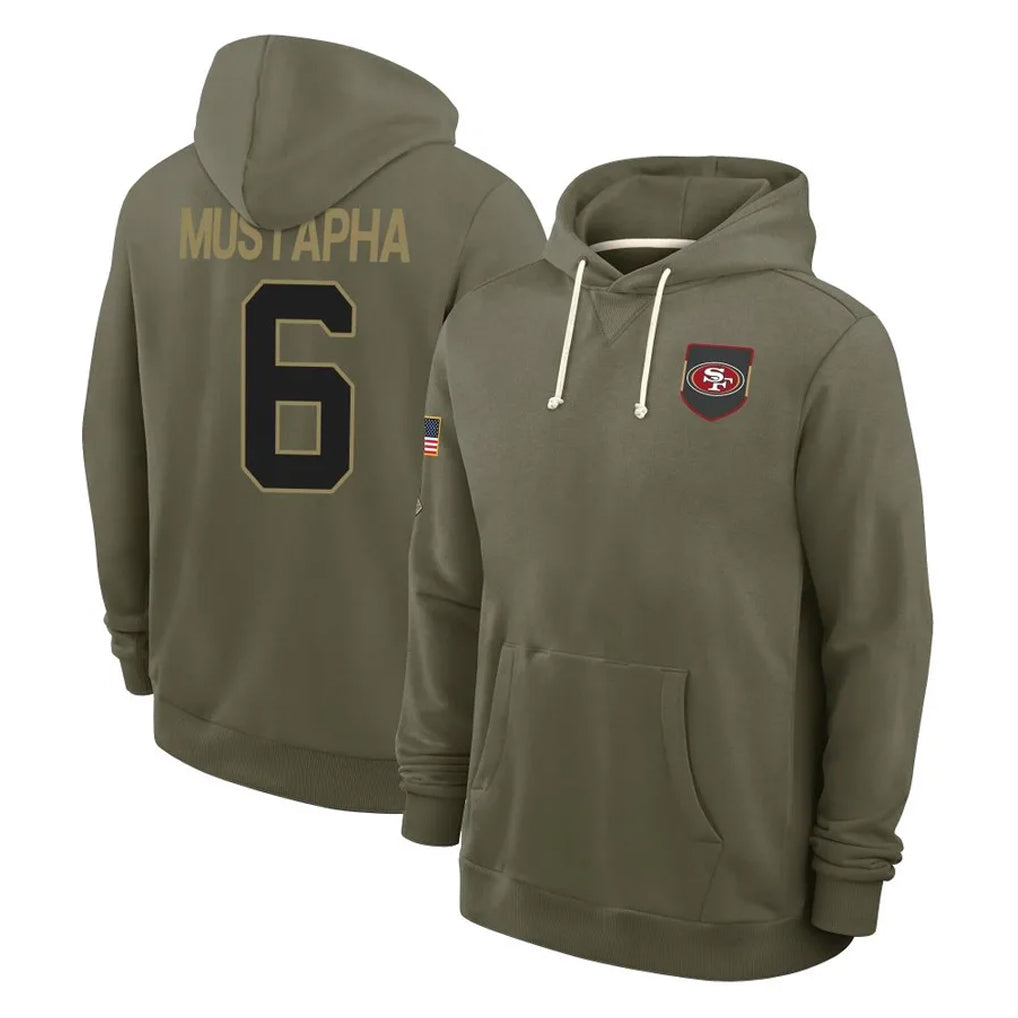 Punc SF.49ers #6 Malik Mustapha Player Olive Salute to Service Pullover Hoodies Limited Stitched Jerseys
