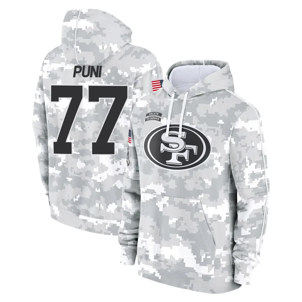 Punc SF.49ers #77 Dominick Puni Player Arctic Camo Limited Salute to Service Pullover Hoodies Game Stitched Jerseys