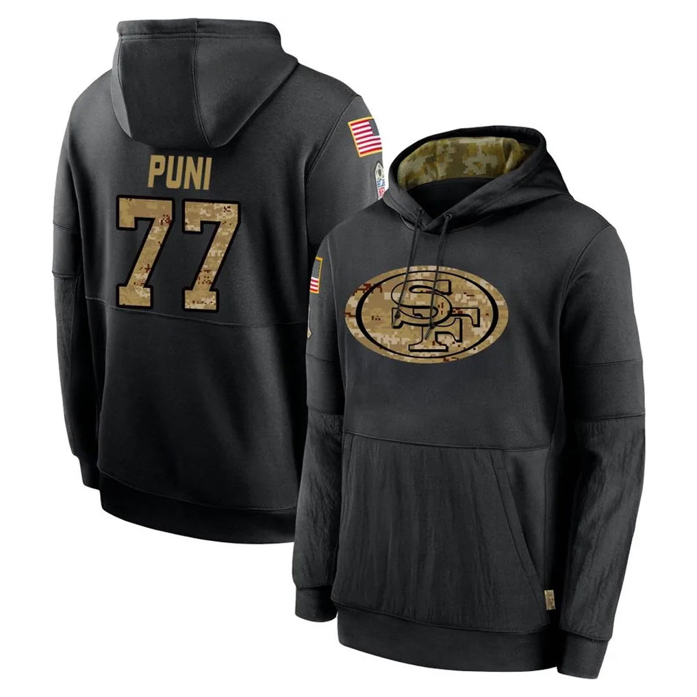 Punc SF.49ers #77 Dominick Puni Player Black Salute to Service Sideline Performance Pullover Hoodies Home Game Stitched Jerseys