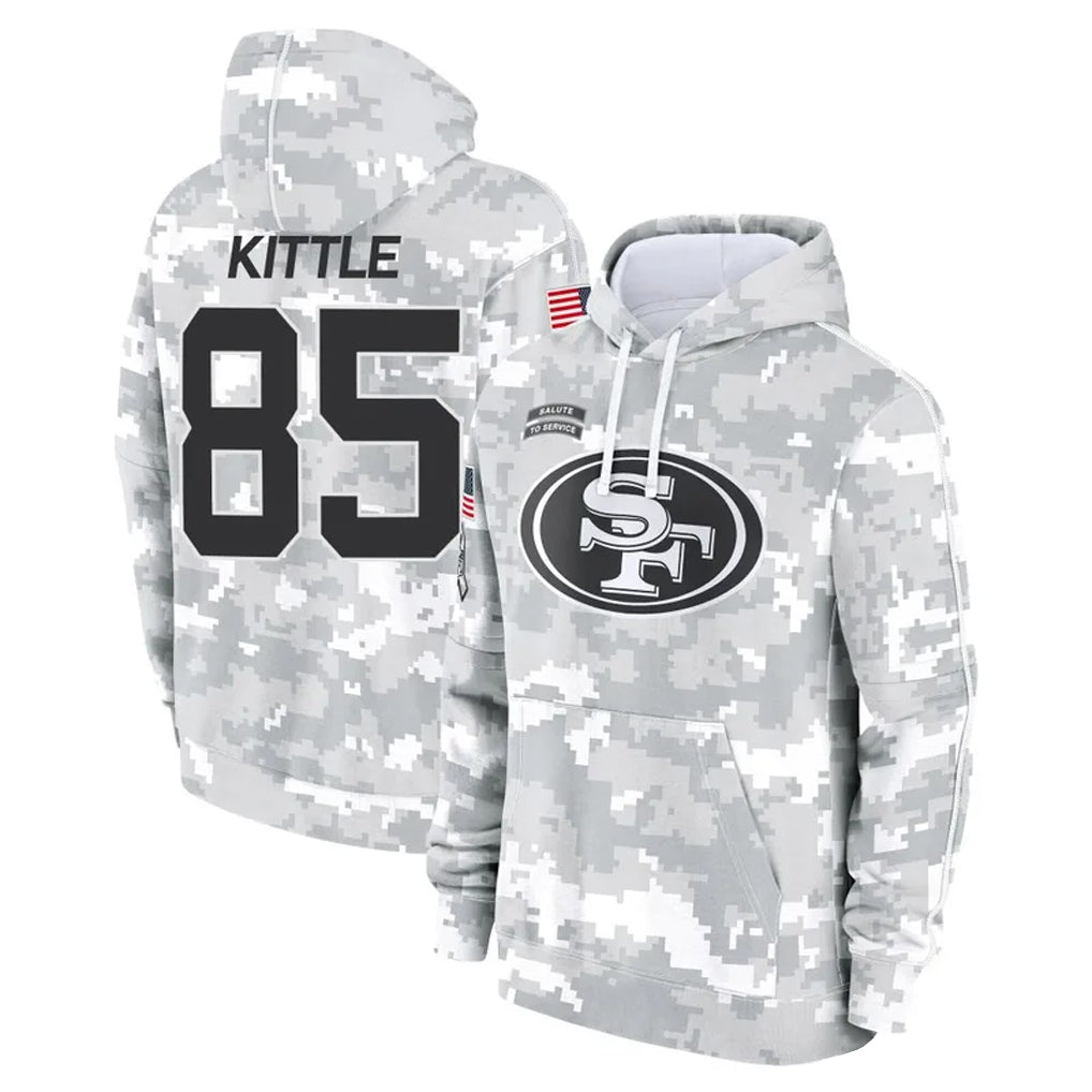 Punc SF.49ers #85 George Kittle Player Arctic Camo Salute to Service Hoodies Stitched Jerseys