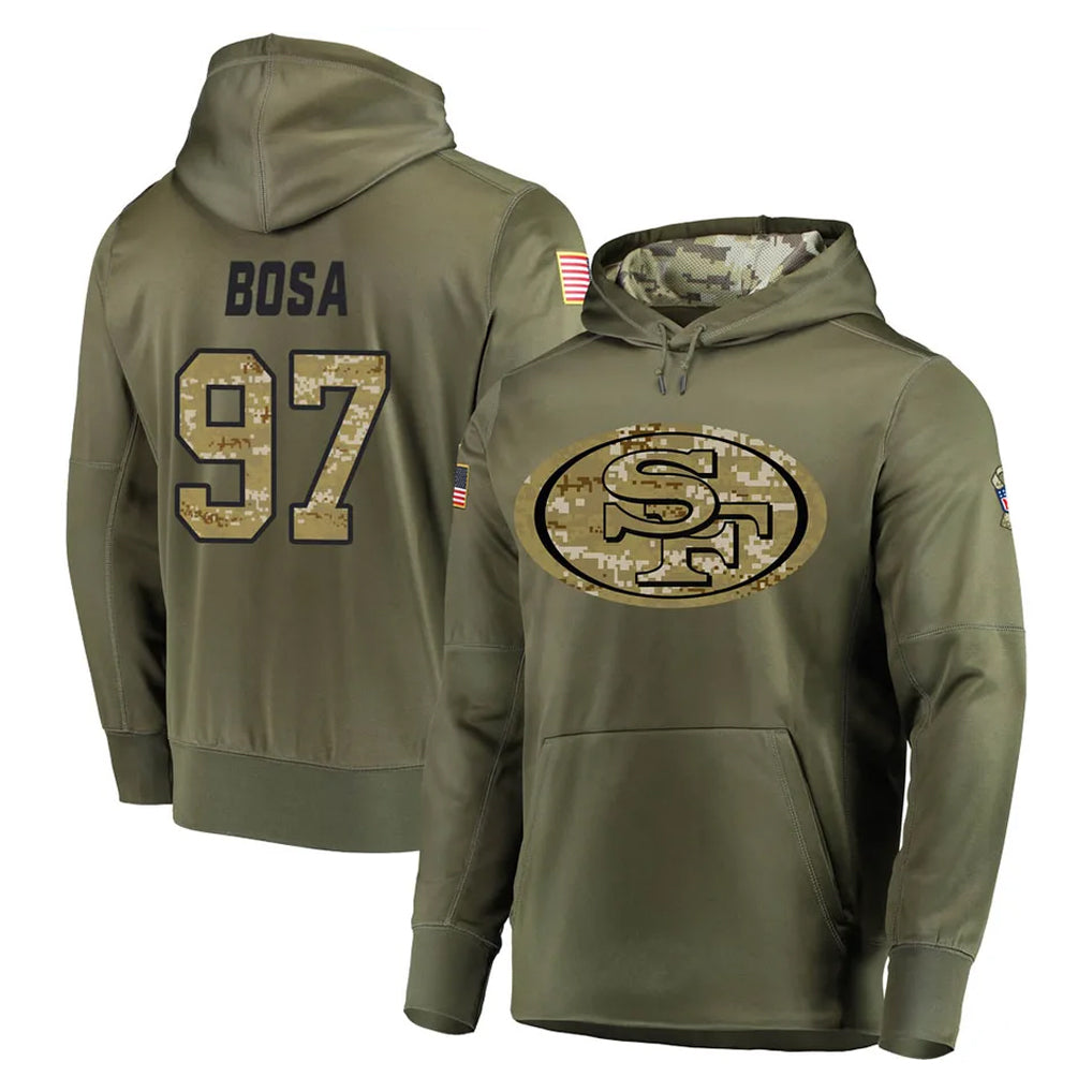 Punc SF.49ers #97 Nick Bosa Player Olive Salute to Service Pullover Hoodie Home Game Stitched Jerseys