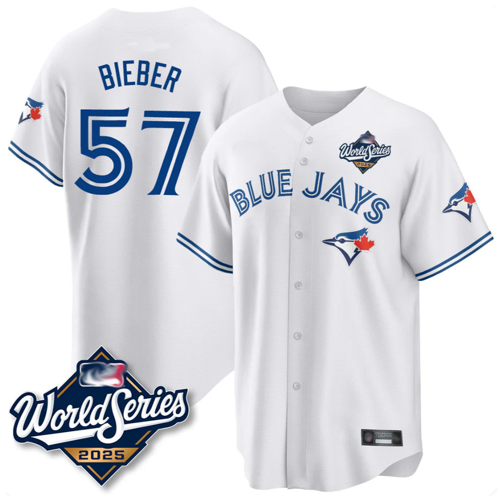 Punc T.Blue Jays #57 Shane Bieber Player White 2025 World Series All Stitched Jerseys