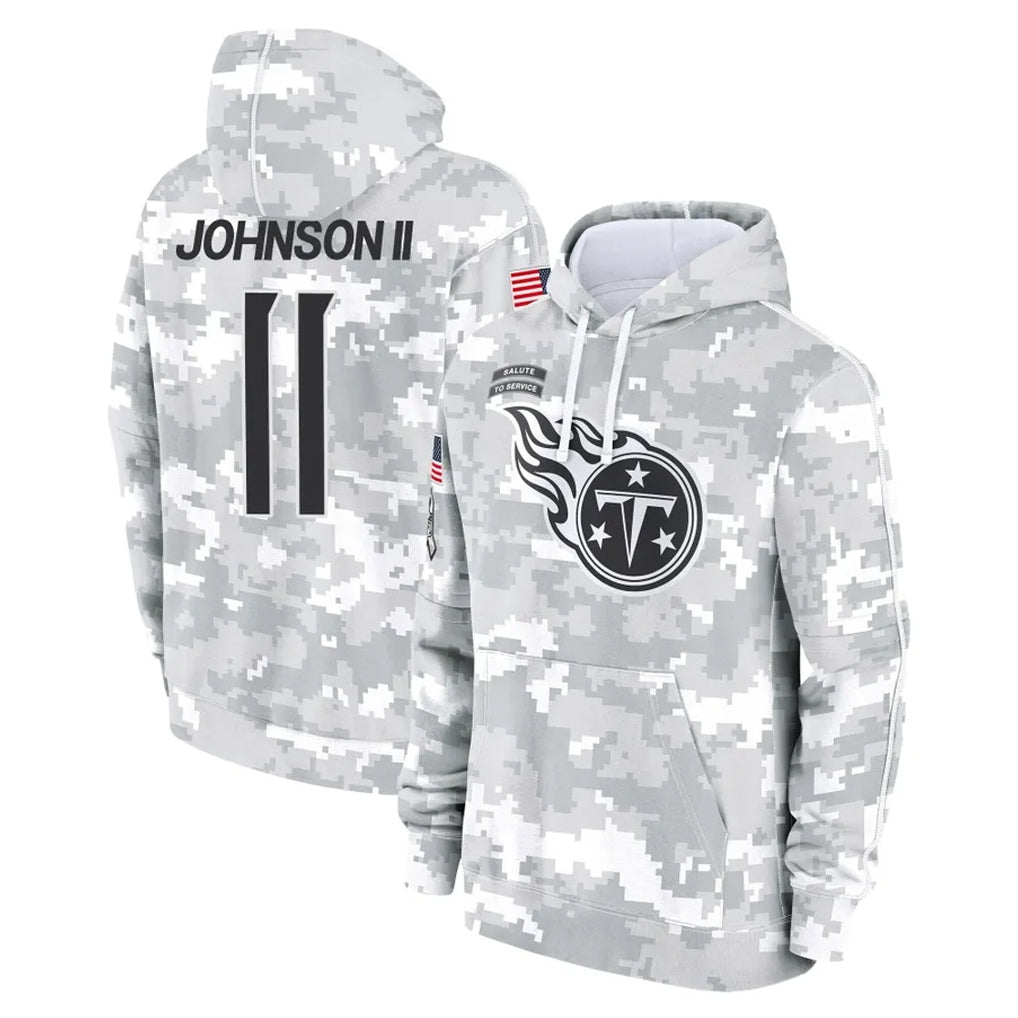 Punc T.Titans #11 Jermaine Johnson II Player Camo Arctic Salute to Service Pullover Hoodies Home Game Stitched Jerseys