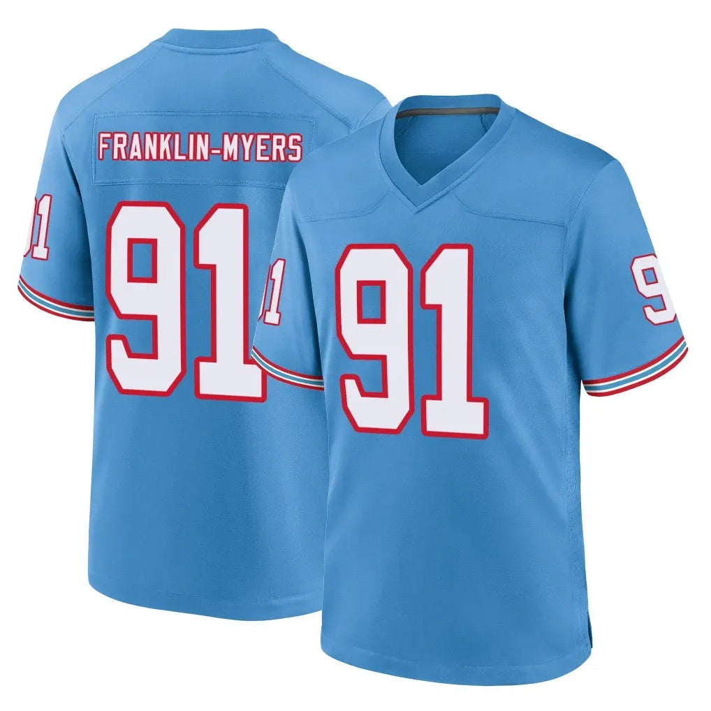 Punc T.Titans #91 John Franklin-MyersPlayer Light Blue Oilers Throwback Home Game Stitched Jerseys