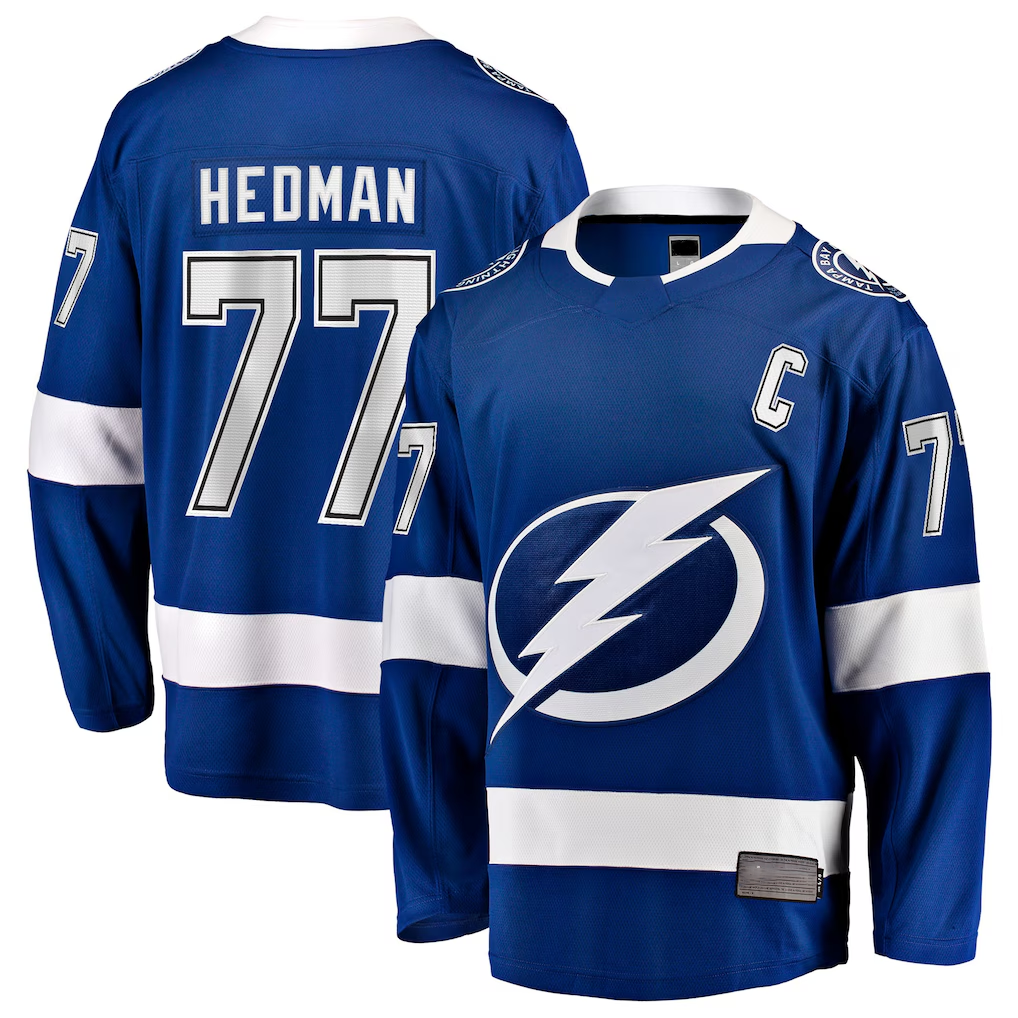 Punc TB.Lightning #77 Victor Hedman Blue Home Captain Patch Breakaway Jerseys