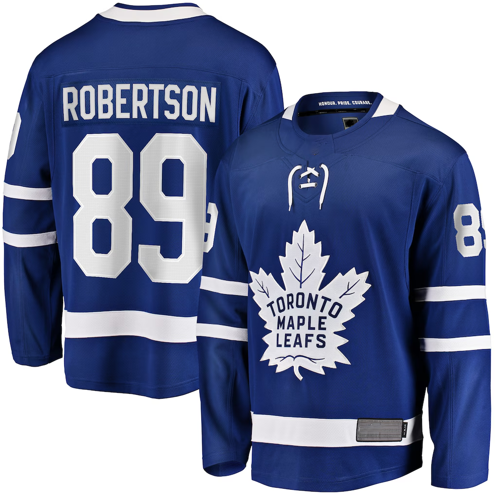 Punc T.Maple Leafs #89 Nicholas Robertson Blue Home Premier Breakaway Player Jerseys