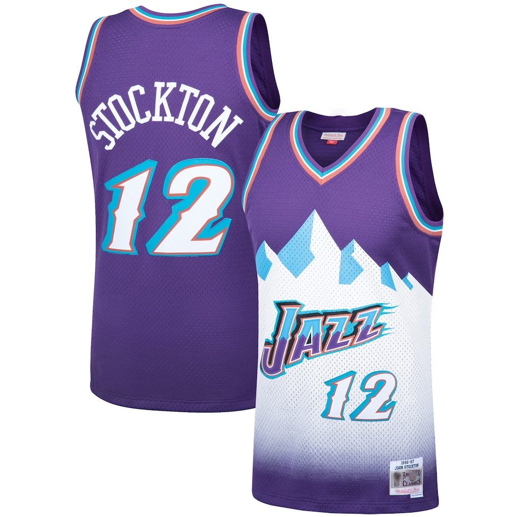 Punc U.Jazz #12 John Stockton Mitchell & Ness Purple Hardwood Classics Swingman Jerseys