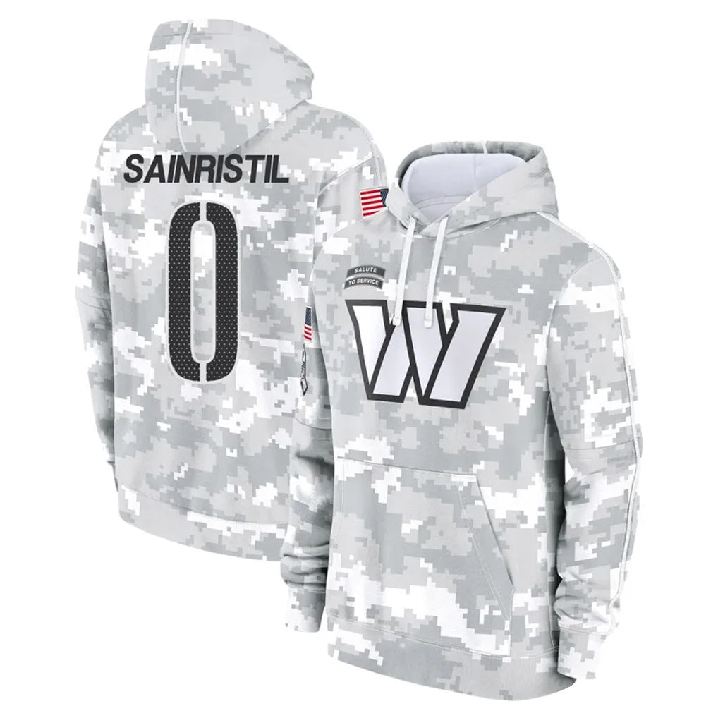 Punc W.Commanders #0 Mike Sainristil Player Arctic Camo Salute to Service Hoodies Stitched Jerseys