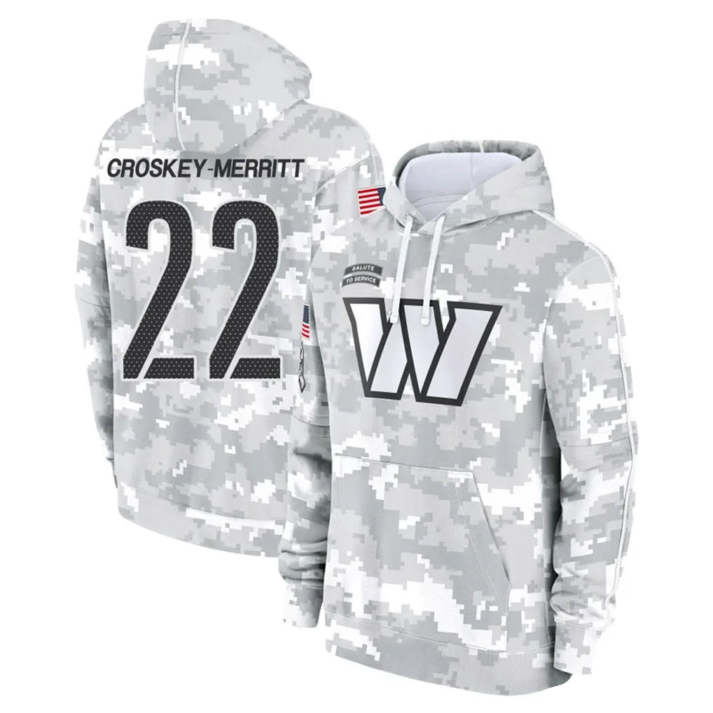 Punc W.Commanders #22 Jacory Croskey-Merritt Player Arctic Camo Salute to Service Hoodies Stitched Jerseys