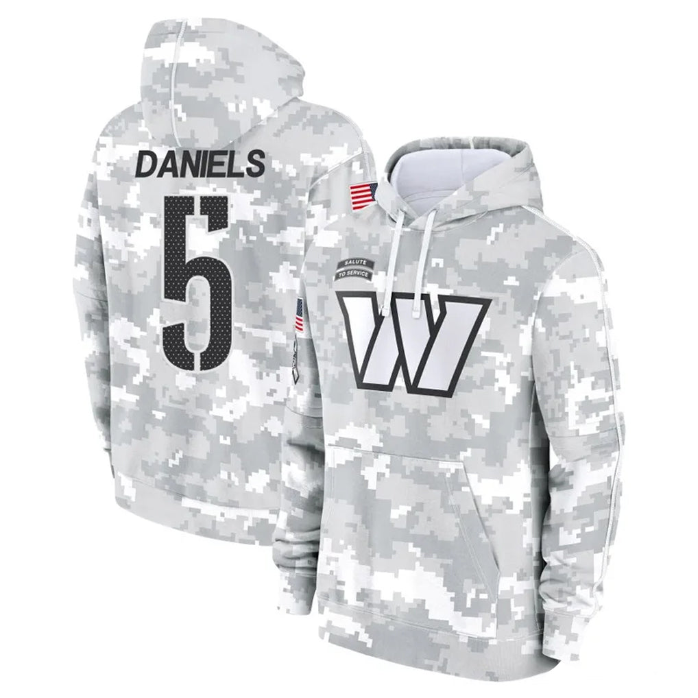 Punc W.Commanders #5 Jayden Daniels Player Arctic Camo Limited Salute to Service Pullover Hoodies Game Stitched Jerseys