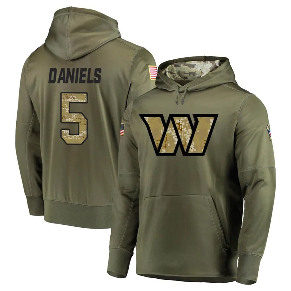 Punc W.Commanders #5 Jayden Daniels Player Olive Salute to Service Hoodies Stitched Jerseys