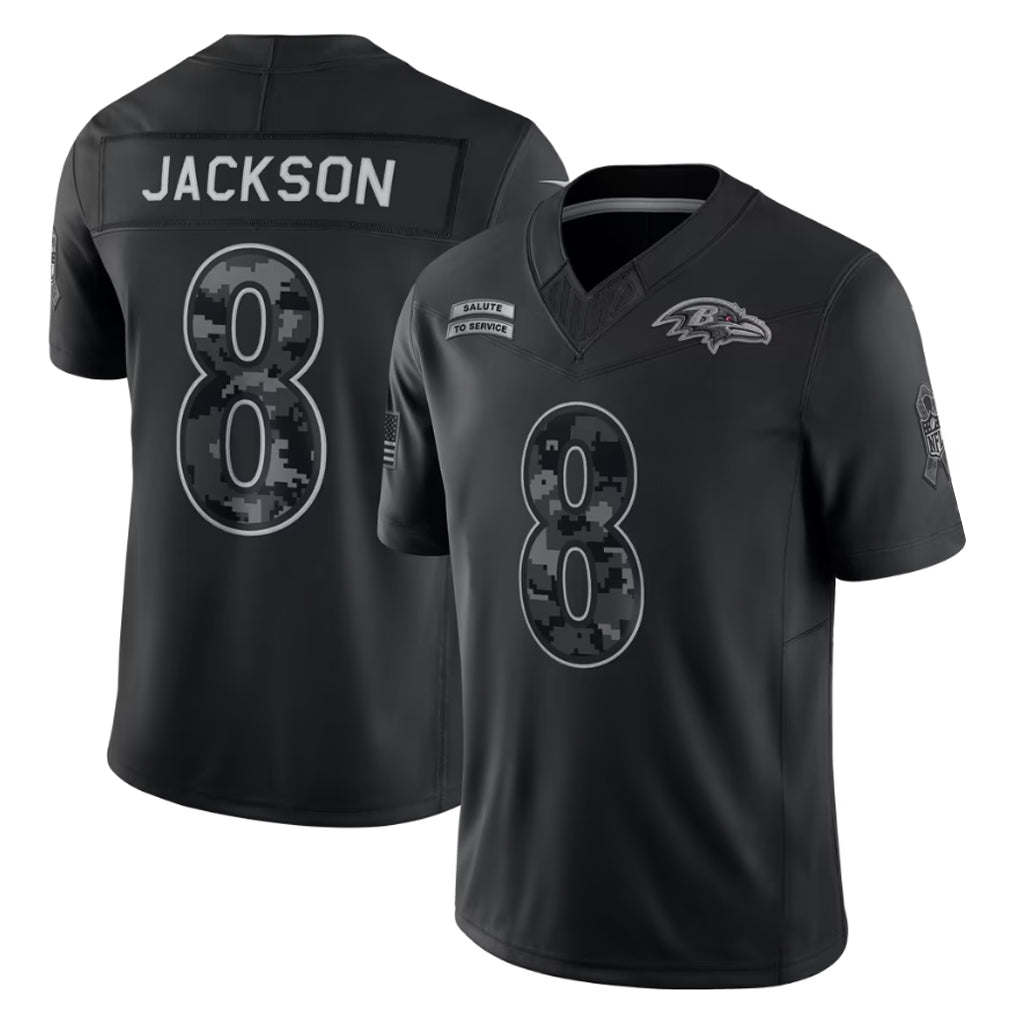 Punc B.Ravens #8 Lamar Jackson Player Black Limited 2026 Salute to Service Home Game Stitched Jerseys