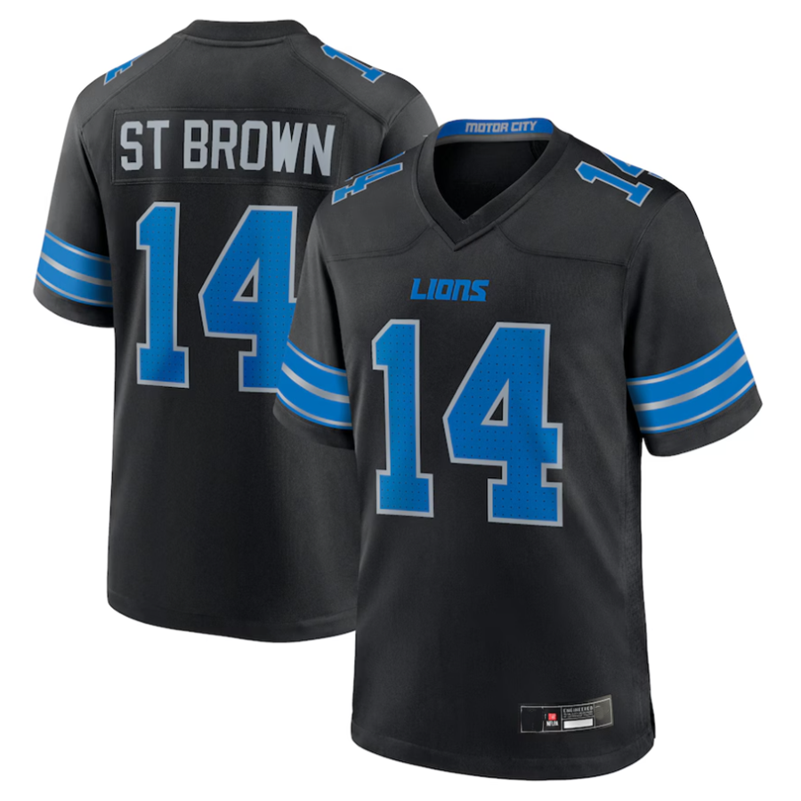 Punc D.Lions #14 Amon-Ra St. Brown Player Black Game Stitched Jerseys